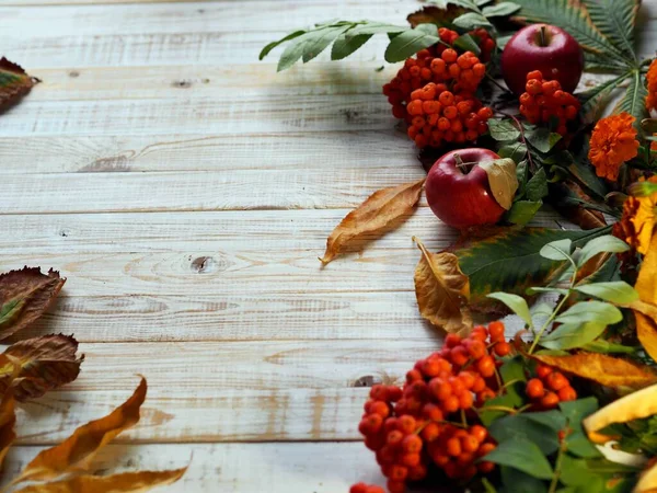 Осінній фон з сушеним листям і горобиною на дерев'яному білому натуральному столі . — стокове фото