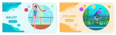 Stüdyoda balerin egzersizleri. Bale dansı ve bisiklet sporu konsepti çizimleri. Balerin ya da kurdeleli jimnastikçi. Parkta bisiklet süren bir adam. Web sitesi tasarım şablonu