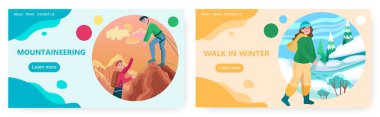 İki adam kayalık dağın tepesine tırmanıyor. Açık hava ve ekstrem spor vektör illüstrasyonu. Kadın kış ormanında yürüyor. Dağın zirvesine tırmanan. Web sitesi tasarım şablonu