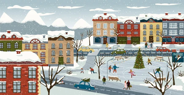 Kış ve Noel tatili şehir manzarası. Buz pateni pisti olan sevimli İskandinav kasabasının vektör çizimi. Sokakta kar oynayan çocuklu bir aile. Kış sezonu posterleri