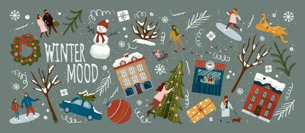 Biglietto di auguri di Natale e Capodanno e modello di sfondo. Illustrazione vettoriale delle vacanze invernali. 2021 nuovo anno disegnato a mano poster. Albero di Natale e giocattoli, persone, edifici della città, pupazzo di neve — Vettoriale Stock