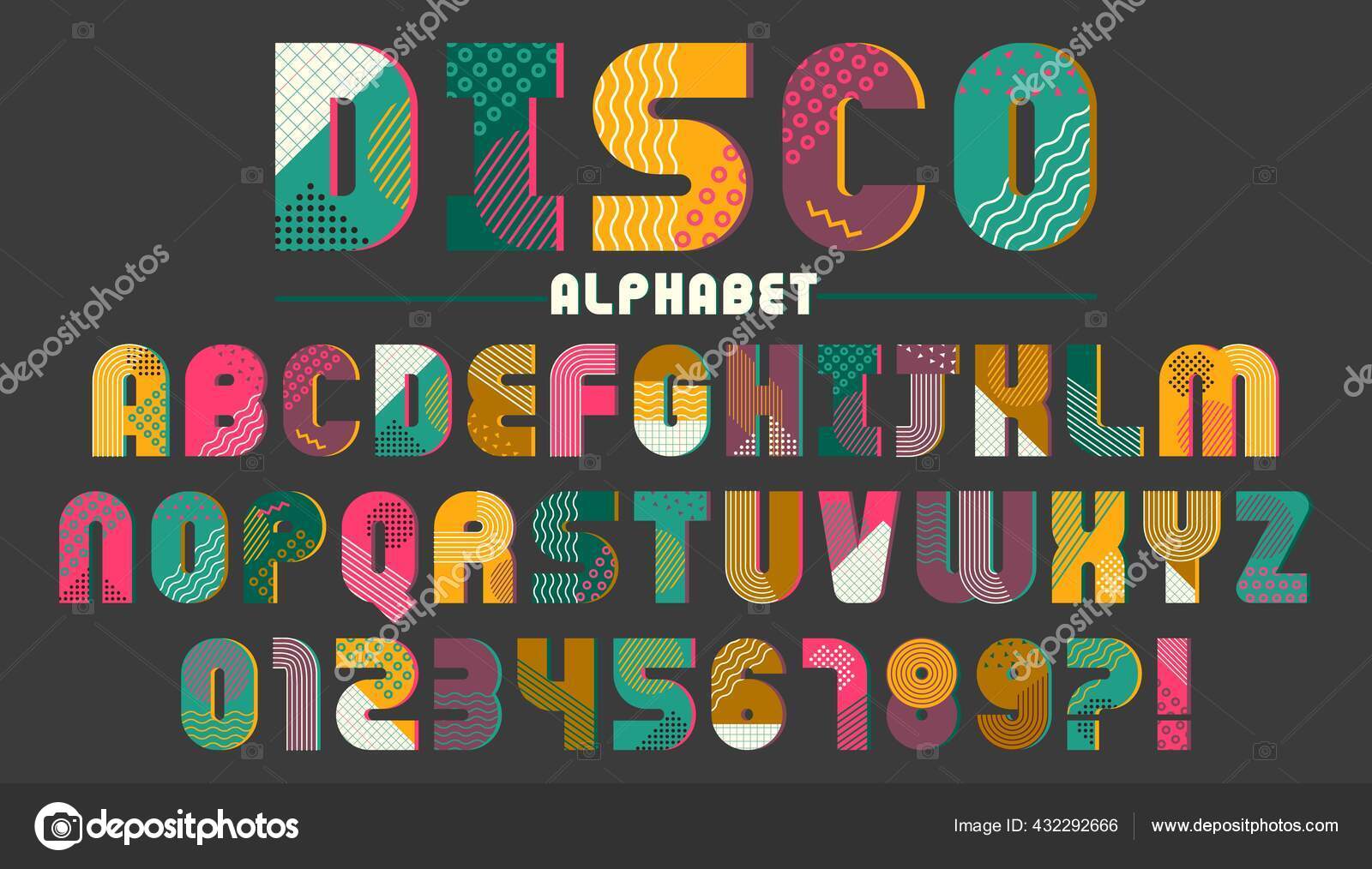 Memphis font, alphabet and numbers set. Graphic vector typeface ...