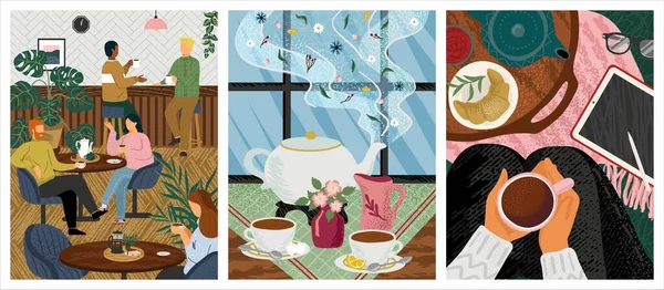 Утренний кофе в векторной иллюстрации концепции кафе. Люди за столом в ресторане пьют чай. Встреча друзей за завтраком. Женщина сидит на полу и пьет горячий чай. Стол с чайником и чашками — стоковый вектор