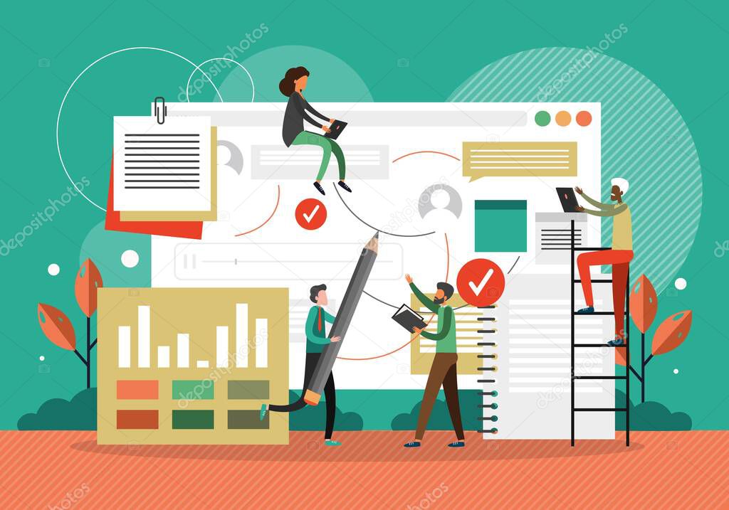 Project management concept vector illustration. Business team working together with project data dashboard in the office. Business data analytics