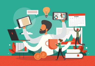 Bir sürü eli dizüstü bilgisayarlı, akıllı telefonlu, belgeli meşgul bir işadamı. İş konsepti vektör çizimi. Çoklu görev yapan ofis çalışanı