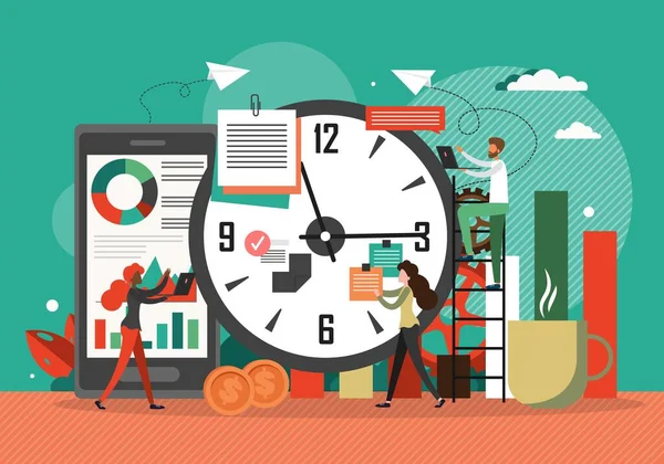 Time management concept vector illustration. Clock, business schedule, project deadline. Team works overtime. Workflow organization. Effective work scheduling — Stock Vector