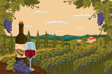Üzüm ağacı tarlası ve arka planda şaraphane çiftliği olan üzüm bağı manzarası. Camlı kırmızı şarap şişesi. El çizimi vektör illüstrasyon posteri