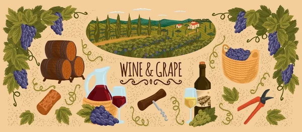 葡萄酒病媒集葡萄园景观，瓶子和杯子的红白葡萄酒，软木塞，软木塞，葡萄和木桶。手绘插图、横幅、海报 — 图库矢量图片