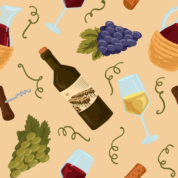 Patrón sin costura con botella de vino, uva, copa de vino blanco y tinto. Ilustración del vector bodega — Vector de stock