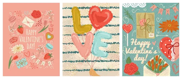 Carteles y tarjetas Vealentines Day, ilustración vectorial. Mano con globos en forma de letras de amor. 14 Febrero Día de San Valentín fondos de diseño — Archivo Imágenes Vectoriales