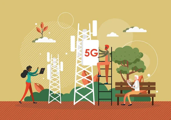 Pekerja teknologi menginstal antena 5G ke menara jaringan seluler. Ilustrasi konsep vektor teknologi 5G. Internet nirkabel cepat di sekitar kota - Stok Vektor