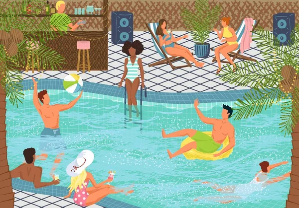 Pool partido conceito vetor ilustração. As pessoas gostam de férias de verão na piscina. Pessoas felizes nadam na piscina no resort de férias. Cartaz de festa de enquete desenhado à mão —  Vetores de Stock