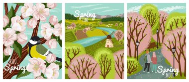 Spring time vector hand drawn posters. Spring season illustrations of happy couple walking in a park, rural landscape with farm and windmill and great tit bird on a cherry blossom branch