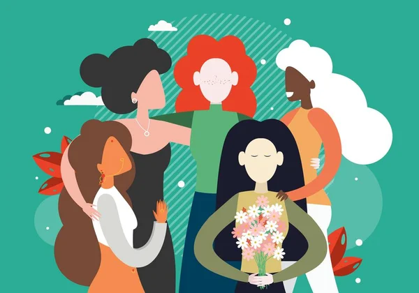 Group of feminists, diverse women hugging together, flat vector illustration. Feminism, women empowerment, race equality — стоковый вектор