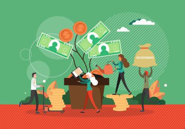 Para ağacı vektör düz çizim kadın suluyor. Para yatırımı artışı. İş ve finans kavramı. Amerikan doları yapraklarıyla dolu bir tencerede ağaç.