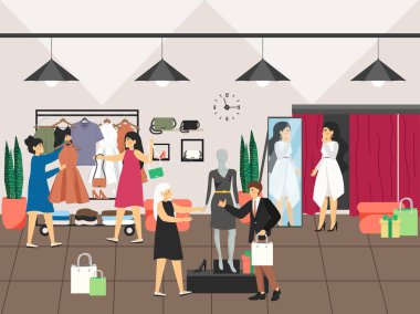 Giysi mağazasından ya da giyim mağazasından alışveriş yapan kadınlar. Moda elbisesi konsepti vektör çizimi. Soyunma odasında giyinmeye çalışan kadın müşteriler. Moda mağazasının içi