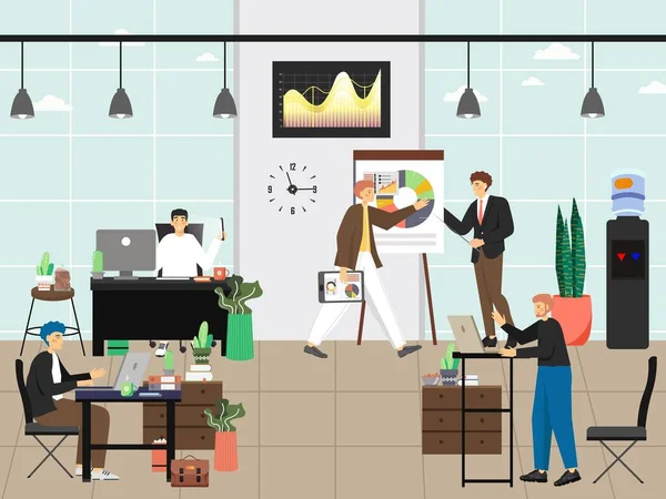 İnsanlar ofis vektör illüstrasyonunda çalışıyor. Çalışanlardan oluşan bir ekip iç sektörde çalışıyor. Ofis iş yeri konsepti düz stil