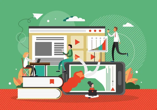 Çevrimiçi eğitim ve eğitim, konsept vektör çizimi. Dijital kütüphane teknolojisi. Çevrimiçi rota, video webinar