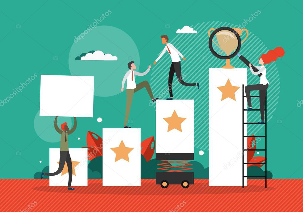 Business team help each other to climb up the stairs to the goal in the form of winner cup. Career progress and development concept vector illustration. Leadership in business, growth and success