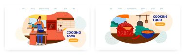 Yemek pişirme sayfası tasarımı, web sitesi afiş vektör şablonu seti. Ev hanımı yemek hazırlıyor. Aşçılık sınıfı..