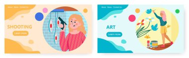 Meşgul kadın iniş sayfası tasarımı, web sitesi afiş vektör şablonu seti. Spor salonu ve sanat kulübü..