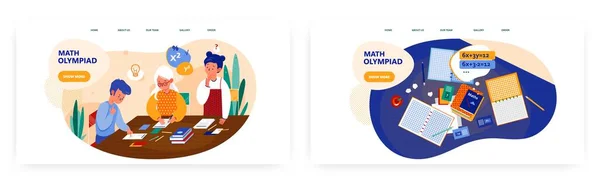 Math Olimpiad iniş sayfası tasarımı, web sitesi sancak vektör şablonu seti. Öğrenciler için matematik yarışması.