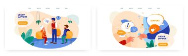 Grup desteği iniş sayfası tasarımı, web sitesi sancak vektör şablonu seti. İnsanlar sorunlarını tartışmak ve yardım etmek için toplanıyorlar.