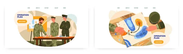 İniş planı sayfa tasarımı, web sitesi pankart vektör şablonu ayarlandı. Askeri görevler, eğitim operasyonları, savaş planları