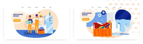 Appliances repair landing page design, website banner vector template set. Repairman fixing washing machine, microwave. — Stock Vector