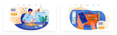 Cep telefonu onarım sayfası tasarımı, web sitesi afiş vektör şablonu. Bozuk ekranı tamir eden teknisyen..