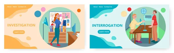 Detektive Landing Page Design, Website Banner Vektor Template gesetzt. Kriminalpolizei und Verhör. — Stockvektor