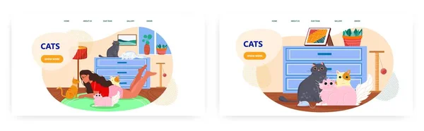 Σχεδίαση σελίδας προσγείωσης γατών, ρύθμιση διανυσματικού προτύπου banner ιστοσελίδας. χαριτωμένα γατάκια που ζουν σε άνετο σπίτι. Pet φροντίδα γάτα και βοήθεια — Διανυσματικό Αρχείο