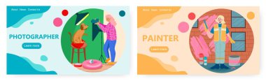 Meslekler ve meslekler iniş sayfası tasarımı, web sitesi afiş vektör şablonu seti. Fotoğrafçı ve duvar ressamı.