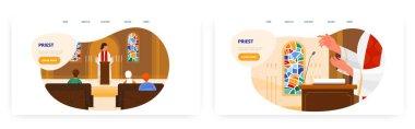 Rahip iniş sayfası tasarımı, web sitesi afiş vektör şablonu seti. Papaz kürsünün arkasında dua ediyor. Kiliseye ibadet.