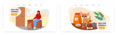 Hayvanlar için iniş sayfası tasarımı, web sitesi afiş vektör şablonu seti. Engelli köpekler için tekerlekli sandalye. Hayvan bakımı