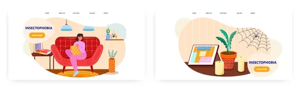 Diseño de landing page de insectofobia, conjunto de plantillas de vector de banner de sitio web. Mujer que experimenta miedo a insectos o insectos. — Vector de stock