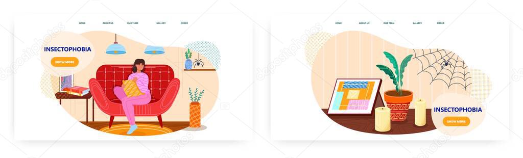 Insectophobia landing page design, website banner vector template set. Woman experiencing fear of insects or bugs.