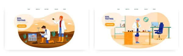 Testarea solului landing page design, site-ul banner vector șablon set. Analiza solului agricol în domeniu și în laborator — Vector de stoc