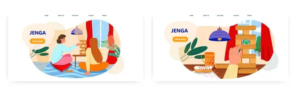 Дизайн целевой страницы Jenga, вектор вектора баннера веб-сайта. Счастливые люди играют в настольную игру дженга. — стоковый вектор