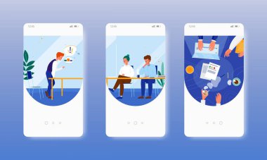 Ofis toplantısı. Beyin fırtınası, atölye çalışması, takım çalışması. Mobil uygulama ekranları, vektör web sitesi pankart şablonu. UI, web sitesi tasarımı.