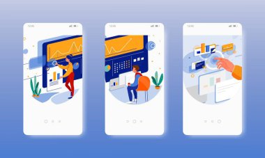 Araştırma verileri. Gösterge paneli. Veri analizi Mobil uygulama ekranları, vektör web sitesi pankart şablonu. UI, web sitesi tasarımı.