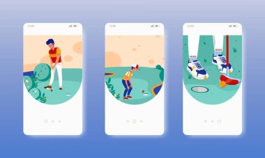 Mini golf. Aile sporları golf sahası. Mobil uygulama ekranları, vektör web sitesi pankart şablonu. UI, web sitesi tasarımı.