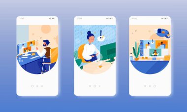 Çevrimiçi toplantı. Video konferans teknolojisi. Mobil uygulama ekranı, vektör web sitesi pankart şablonu. UI, web sitesi tasarımı