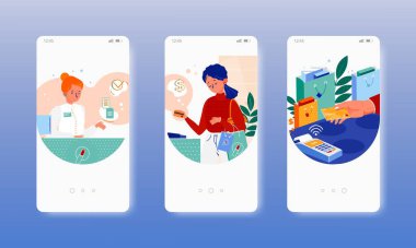 Bağlantı kurulamayan banka kartıyla ödeme yapılmış. Mobil uygulama ekranları, vektör web sitesi pankart şablonu. UI, web sitesi tasarımı