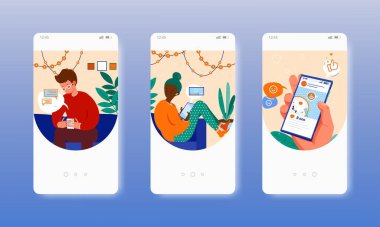 Sosyal medya bağımlılığı. Partnerle canlı iletişim sorunları. Mobil uygulama ekranları, vektör web sitesi pankart şablonu.