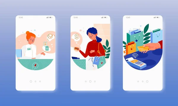 Płatność terminala Pos kartą bankową bezstykową. Ekrany aplikacji mobilnych, szablon banera strony wektorowej. Interfejs użytkownika, projektowanie stron internetowych — Wektor stockowy