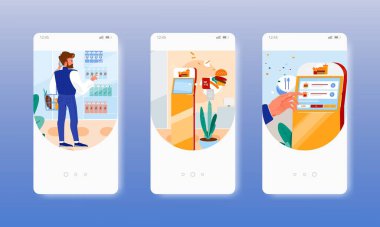 Yemek parasını öde. self servis teknolojileri. Mobil uygulama ekranları, vektör web sitesi pankart şablonu. UI, web sitesi tasarımı.