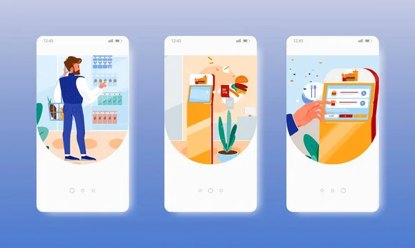 Yemek parasını öde. self servis teknolojileri. Mobil uygulama ekranları, vektör web sitesi pankart şablonu. UI, web sitesi tasarımı.