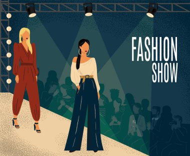 Moda konsept vektör çizimi. Podyumda mankenlerle el çizimi moda haftası posteri. Farklı tasarım elbiseli bir kadın. Kadın elbise tasarım koleksiyonu