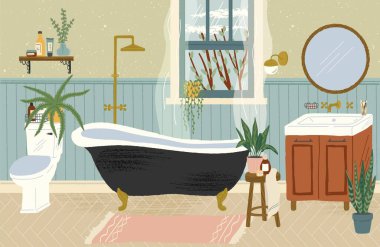 Banyo içinde küvet, tuvalet ve lavabo var. Konforlu İskandinav tarzında el çizimi vektör çizimi. Ev iç tasarımı